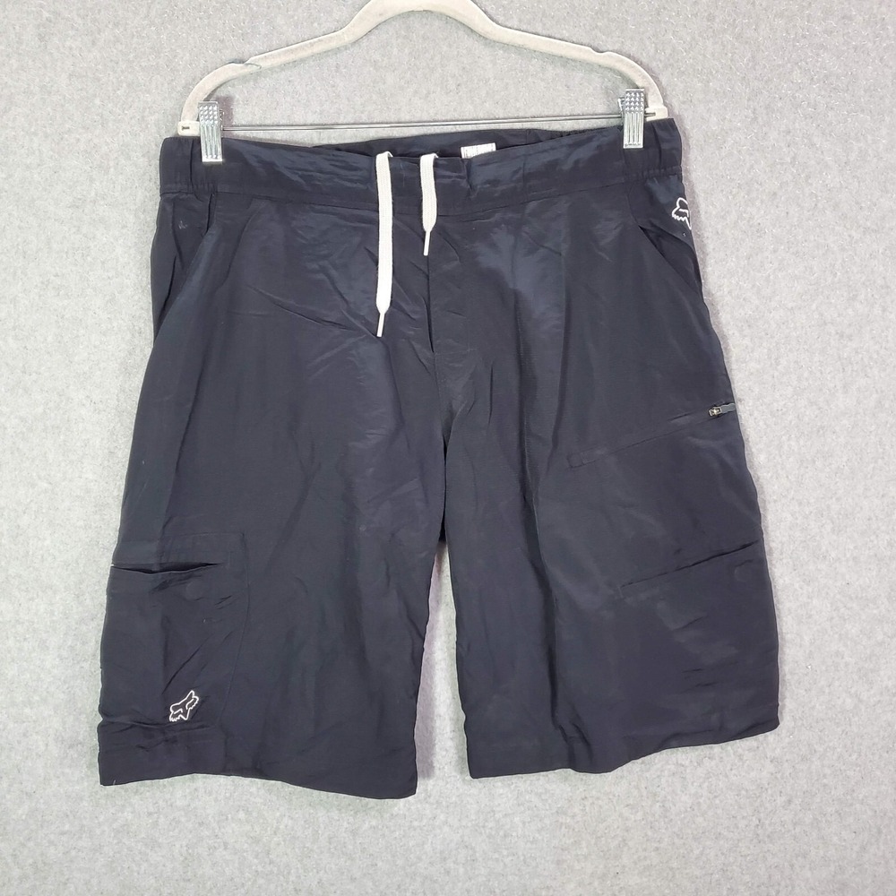 Fox Men Activewear Shorts 34 Black Rider Zip Pockets Logo‎ Drawstring 11" Inseam